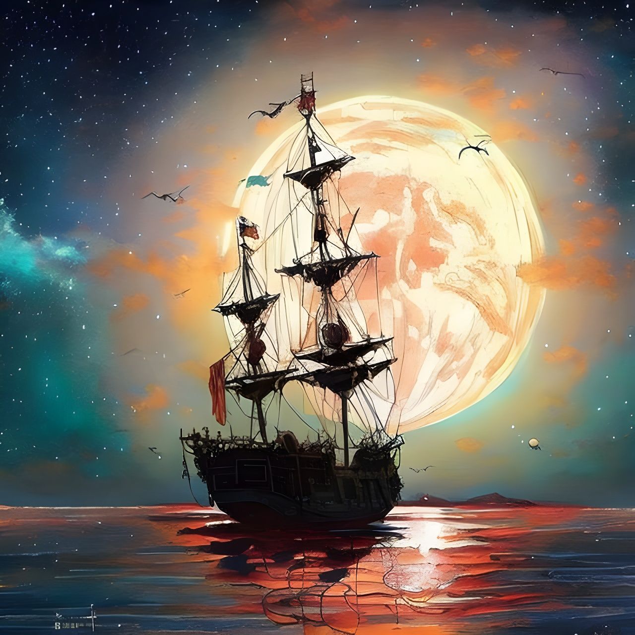 Pirate Ship Under a Luminous Moon, Digital Painting