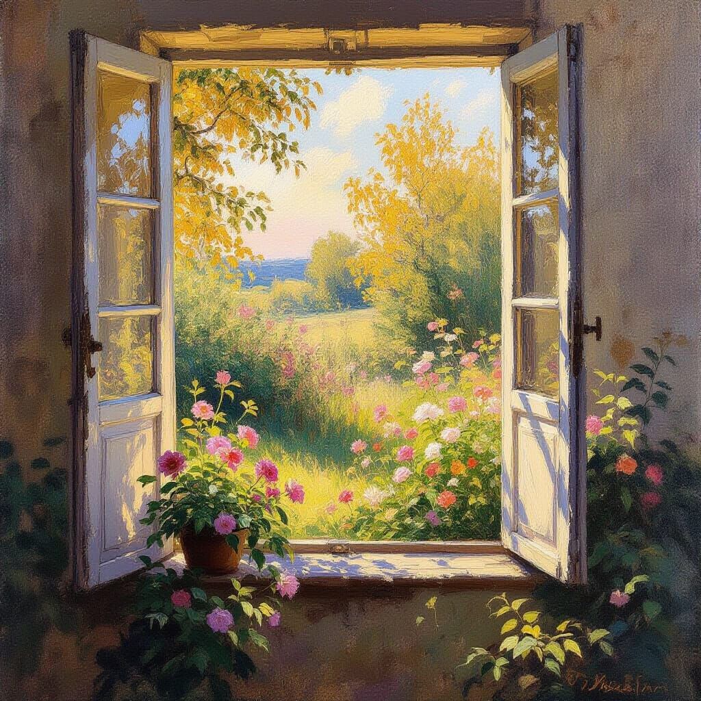 Glowing Autumn Garden Through Window: Impressionist Oil Pain...