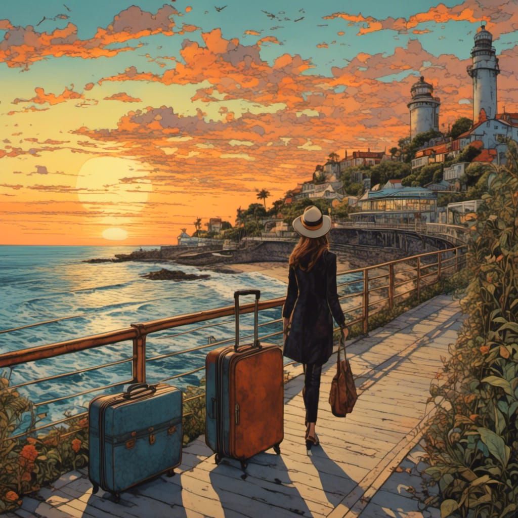 Woman Gazing at Sunset: Pyrography Gouache Illustration