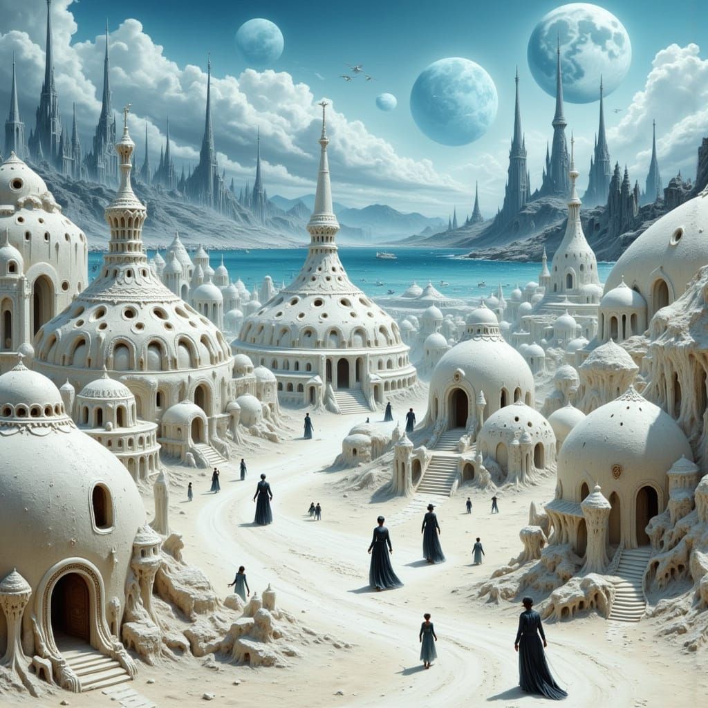 Surreal Sand City Under Blue Moon