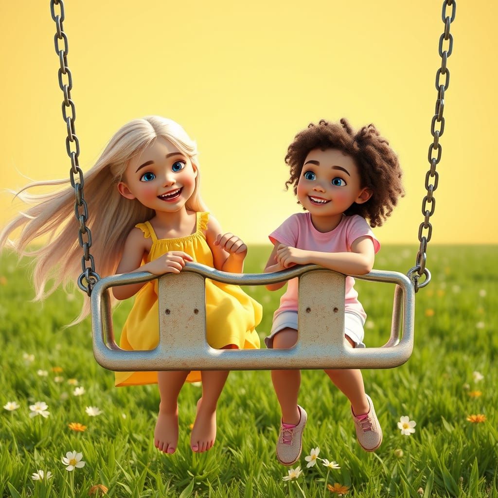Sisters on a Swing in a Vibrant Spring Playground