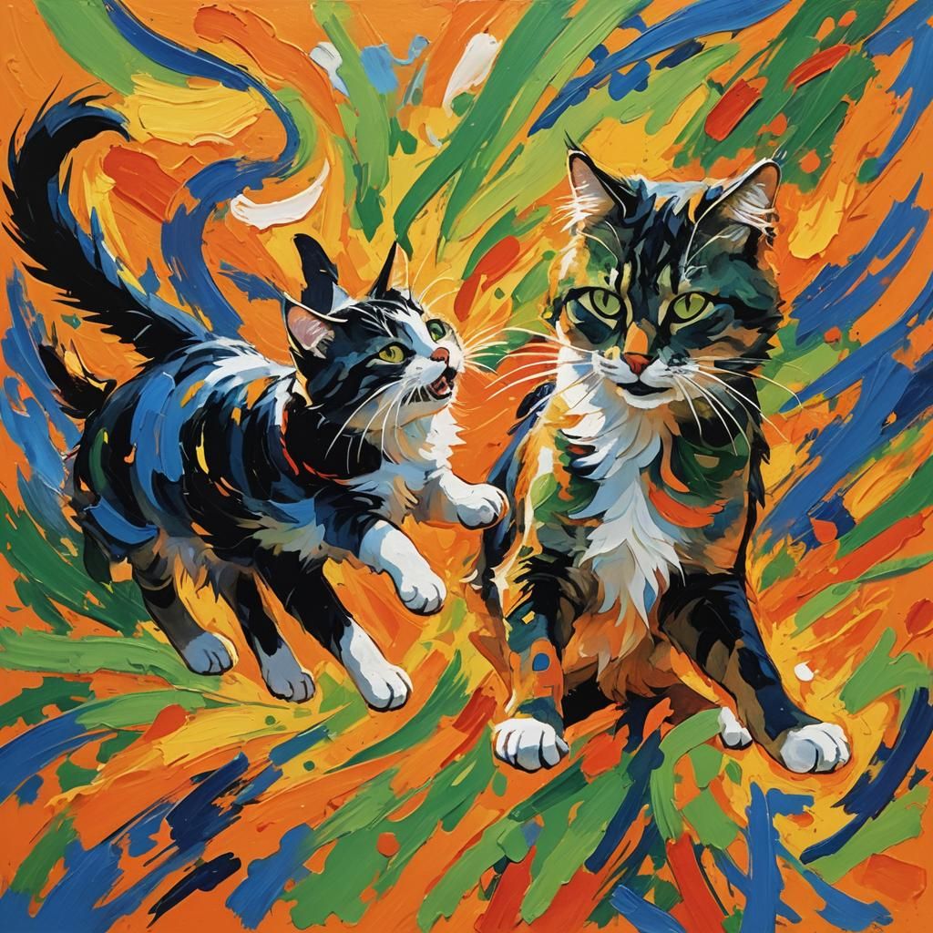 Abstract Expressionist Cat and Dog Play in Sunlight