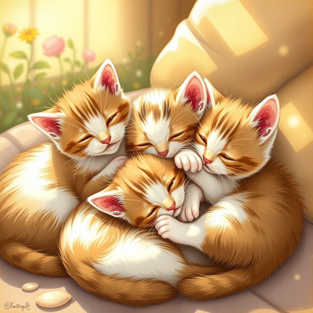 Adorable Kittens Playing in Sunlight, Storybook Style