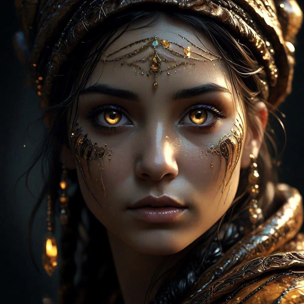 Mysterious Gypsy Woman in Bioluminescent Tiger Eye Quartz