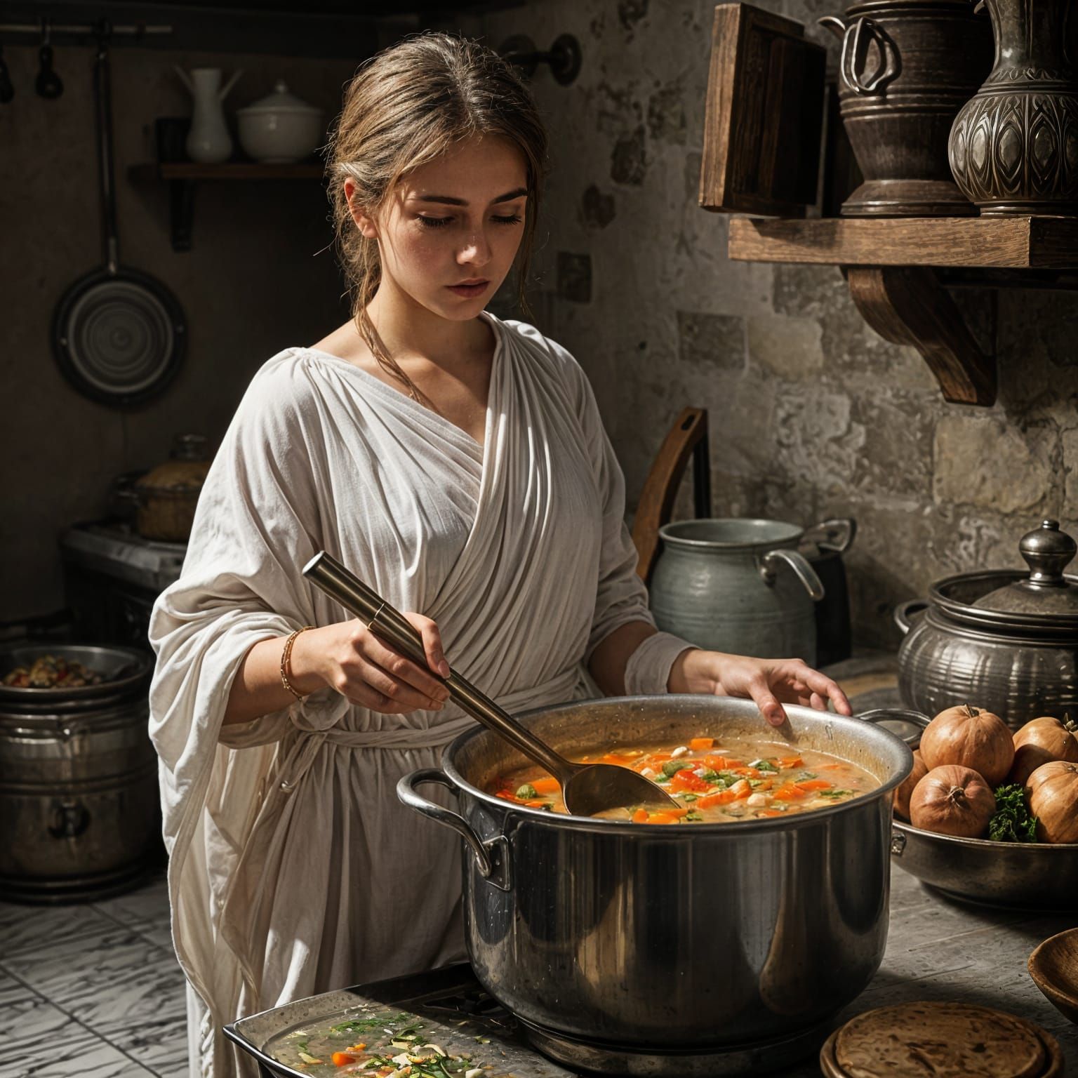 Woman Stirring Soup in Greek Kitchen, Photorealistic