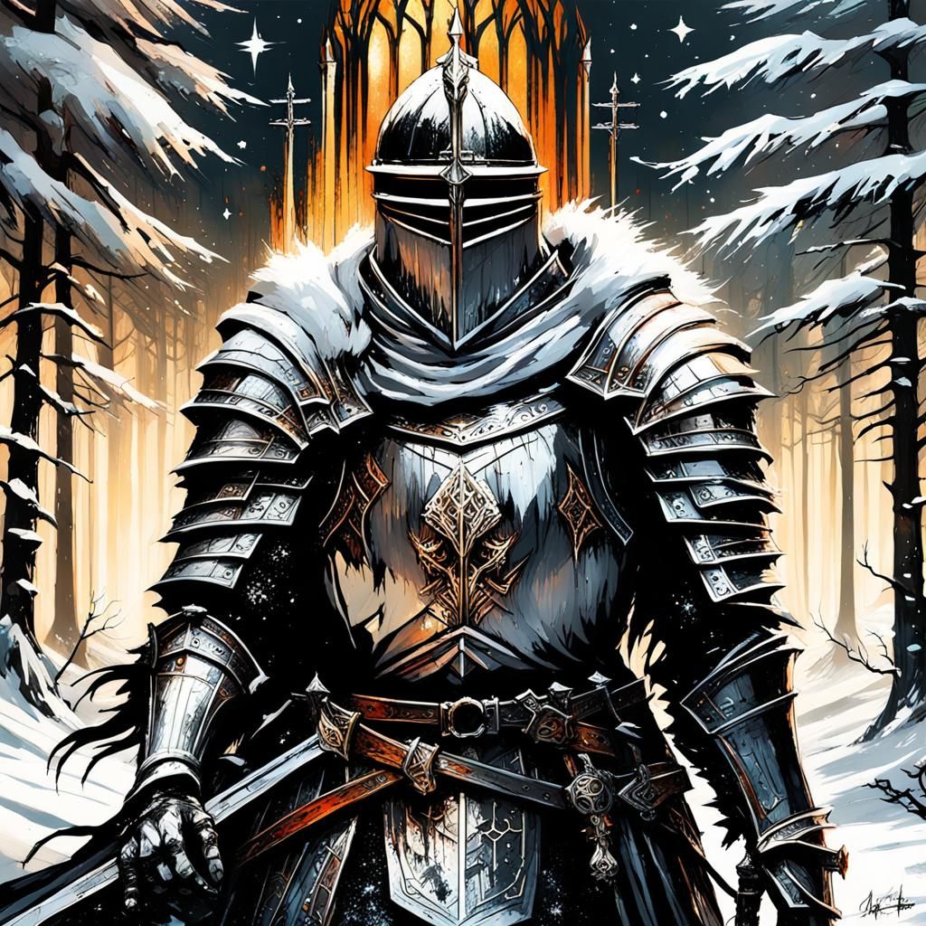 Gothic Knight in Snow Forest Under Starry Night