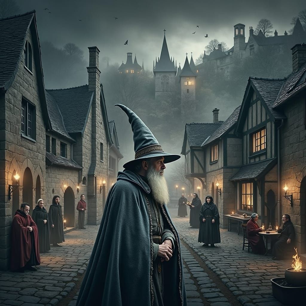 Merlin in Dark Medieval Town: Mystical Portrait