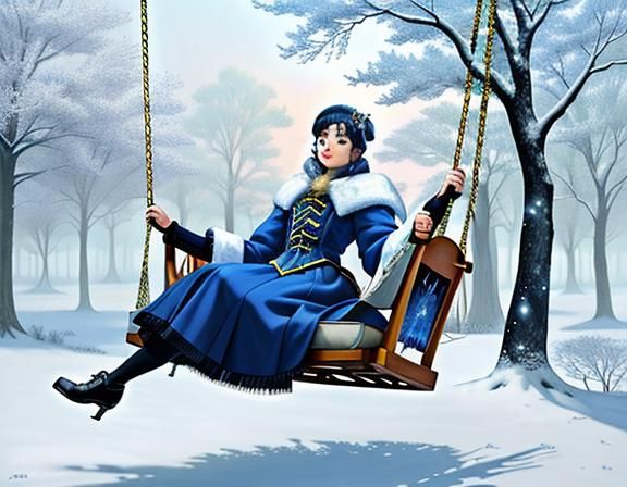 Winter Lady Swinging: Oil Painting with Gothic Art