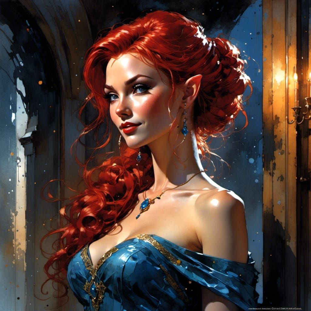Glamorous Elf with Red Hair in Comic Art Style