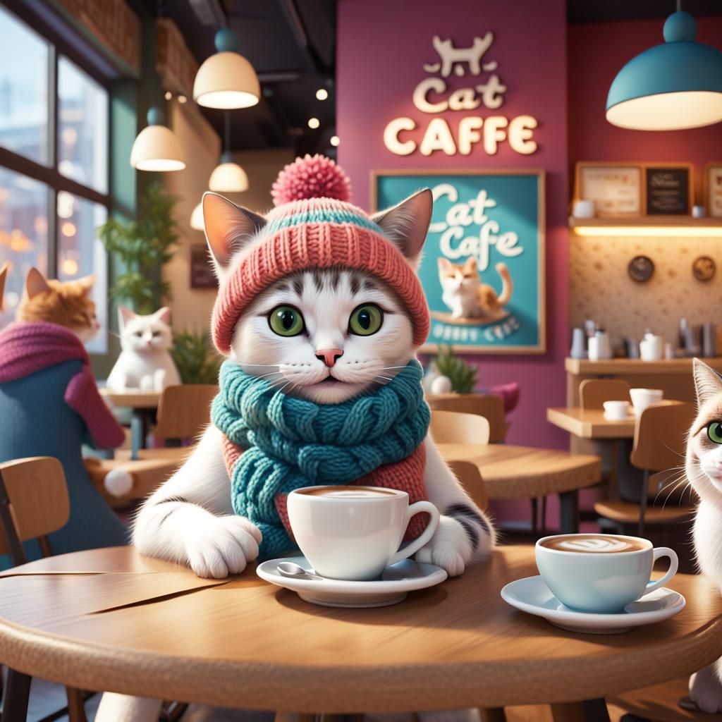 Cozy Cat Cafe Scene in Animated Style