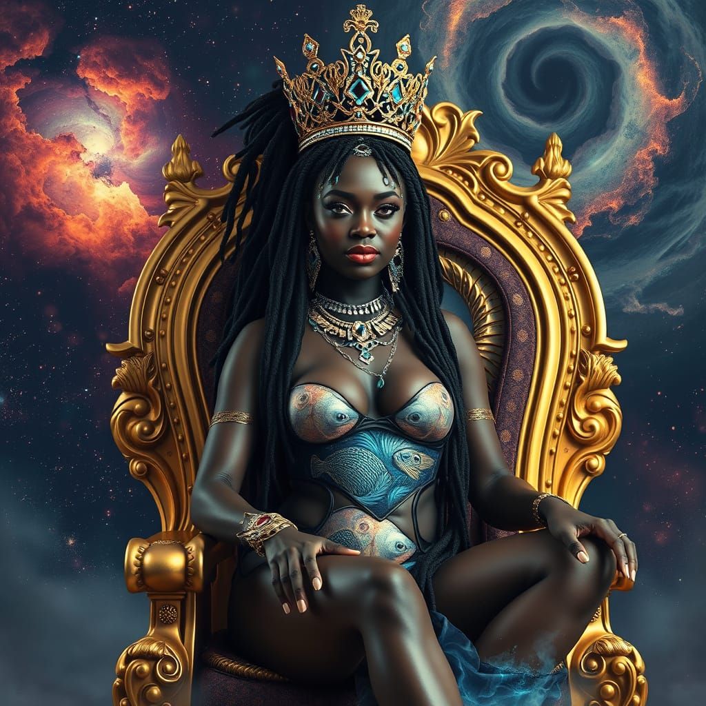 Regal Black Queen on Throne in Surreal Cosmic Scene