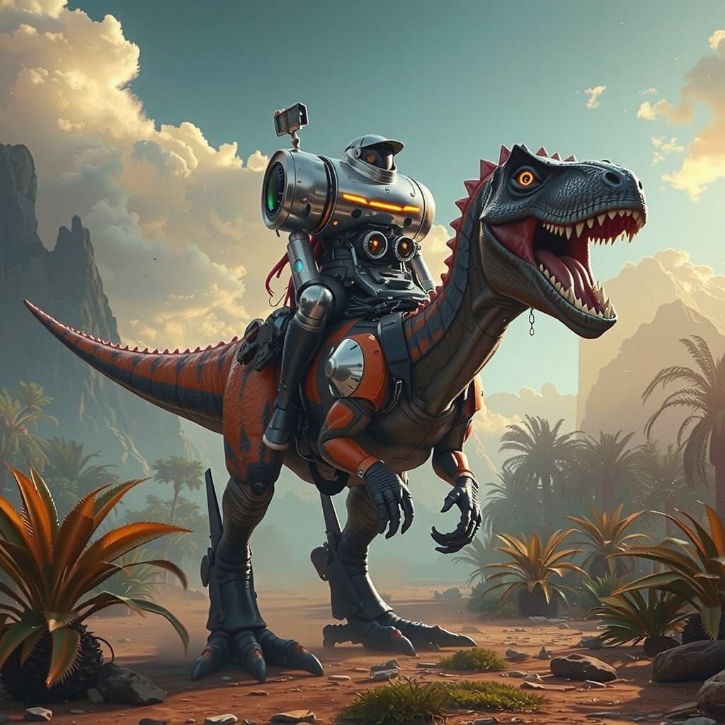 Robot Rides Dinosaur in Retrofuturistic Jungle