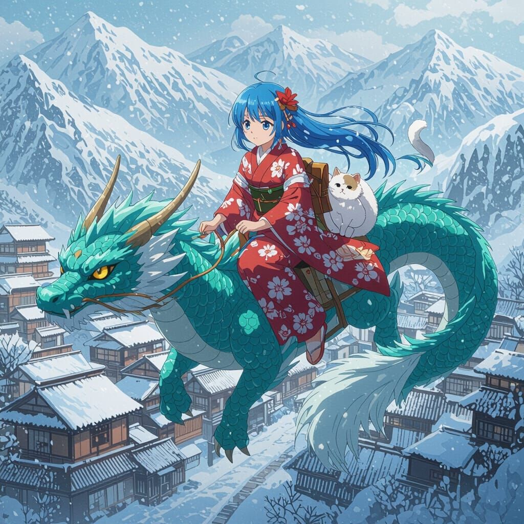 Anime Girl Rides Dragon Over Snowy Japanese Town