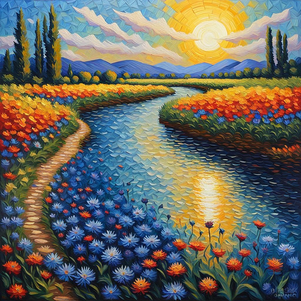 River Cornflowers: Neo-Impressionist Expressionist Impasto P...