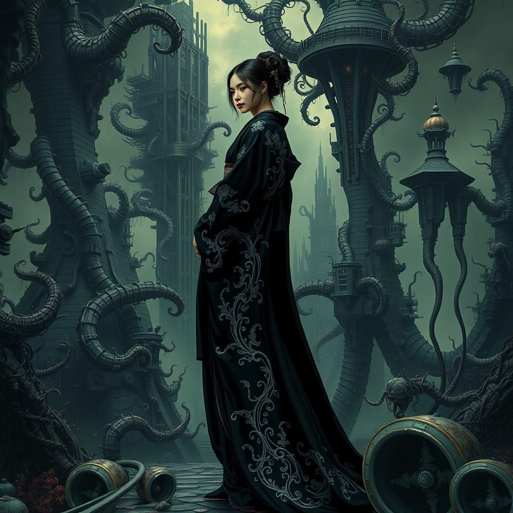 Japanese Woman in Dark Biomechanical Landscape