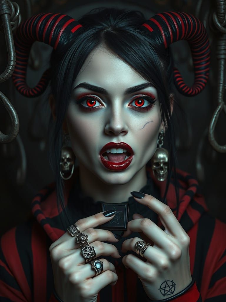 Gothic Horror Lady with Glowing Eyes and Twisted Horns