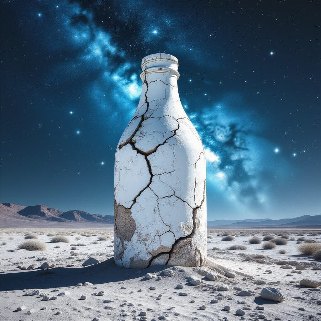 Ancient Milk Bottle in Cosmic Desert Landscape