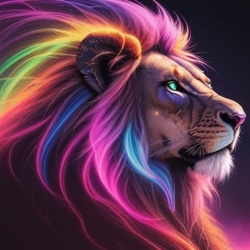 Psychedelic Cosmic Lion in Neon Colors
