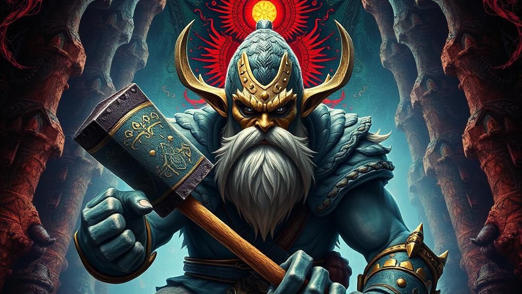 Hammer Warrior in Surreal Symmetrical Fantasy Scene