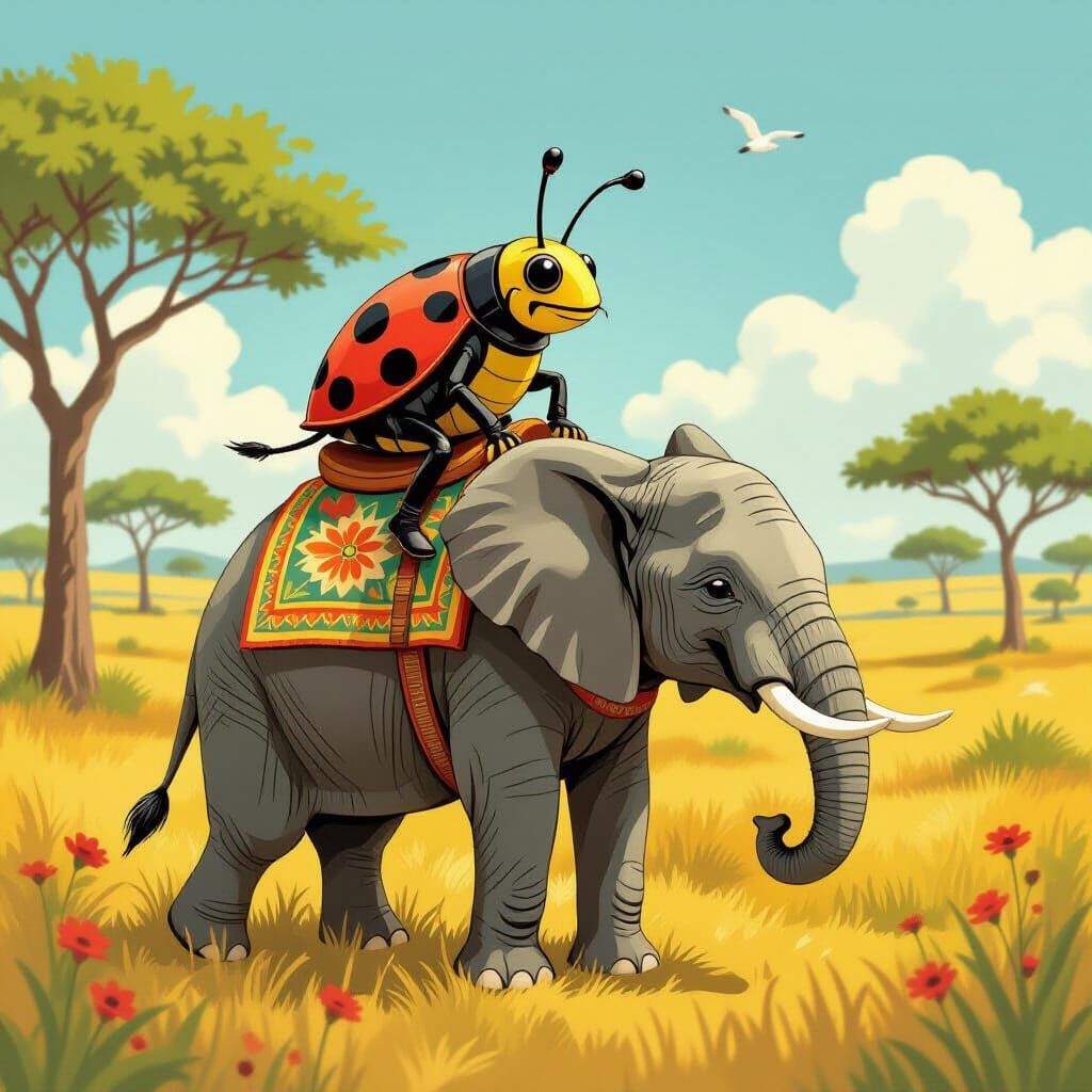 Elephant and Bug Safari Adventure, Whimsical Illustration
