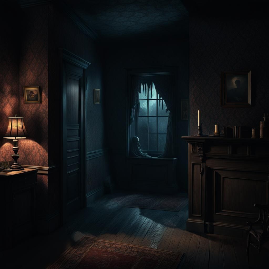 Creepy Shadow Figure in Dark Room, Matte Painting