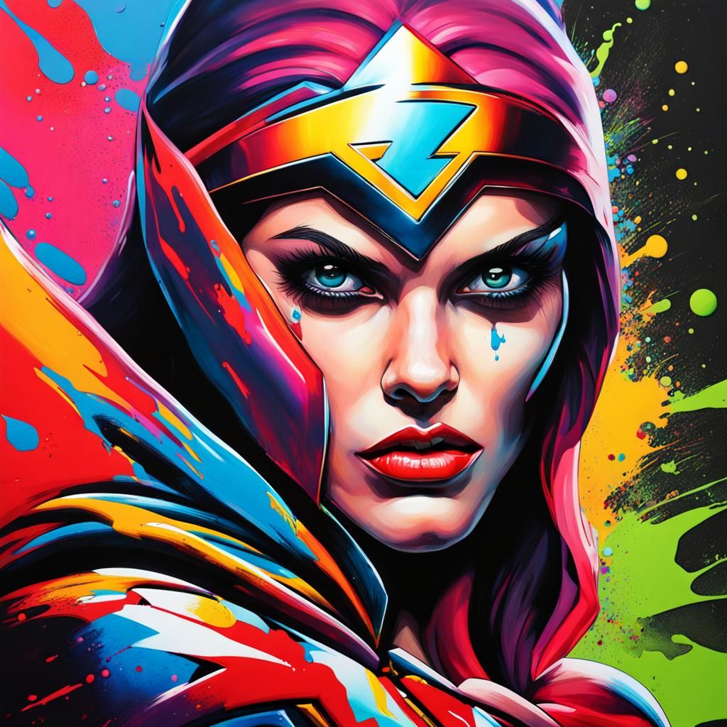 Superwoman Graffiti Art in Polychromatic Splash Style