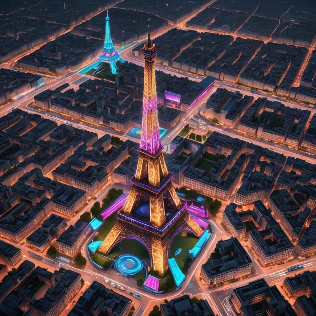 Cyberpunk Eiffel Tower with Neon Lights