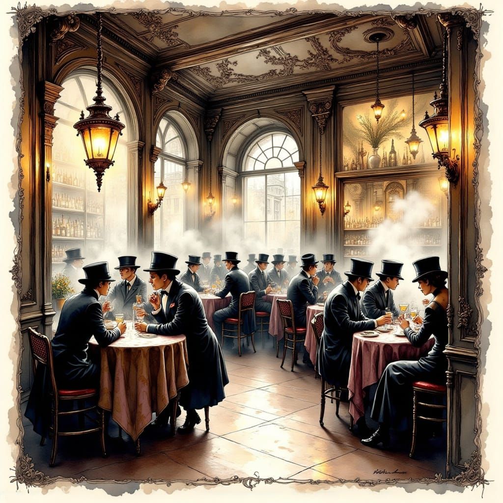 Bustling Parisian Cafe in 1920s Ink Drawing Style