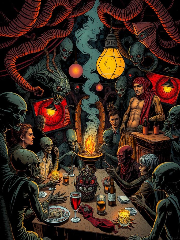 Dark Cantina Scene in a Bosch-Inspired Aesthetic