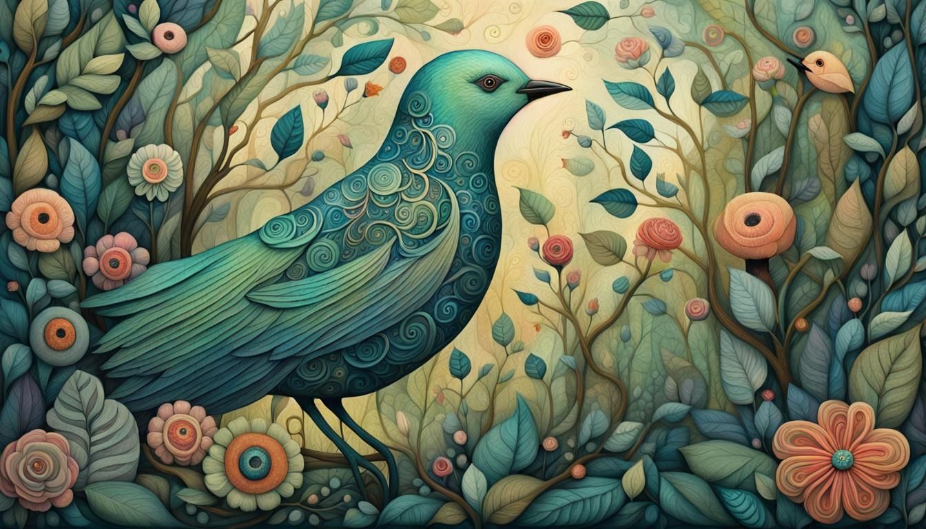 Mystical Woman-Bird Hybrid in Folk Art Style