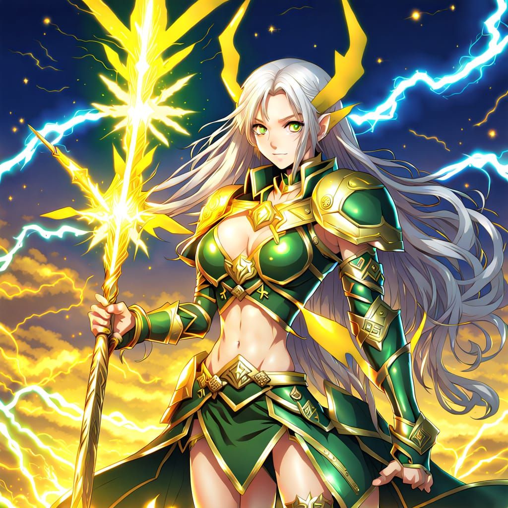 Anime-Style Female Warrior with Lightning Staff