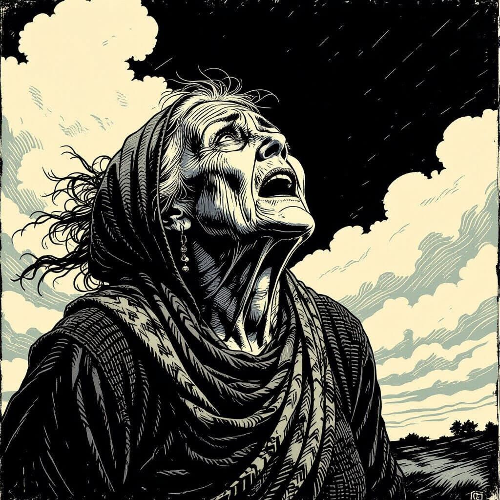 Lino cut. A stoic, weathered old woman screams at the sky, her face etched with the stories of a lifetime. Medium shot. ...