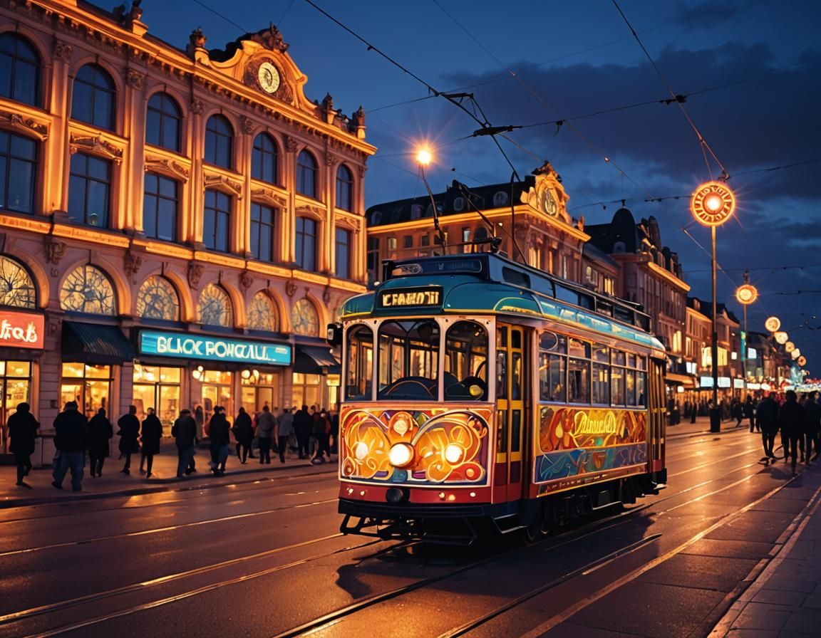 Blackpool Illuminations lighting up a tram along the by the sea on the promenade near the Winter Gardens.