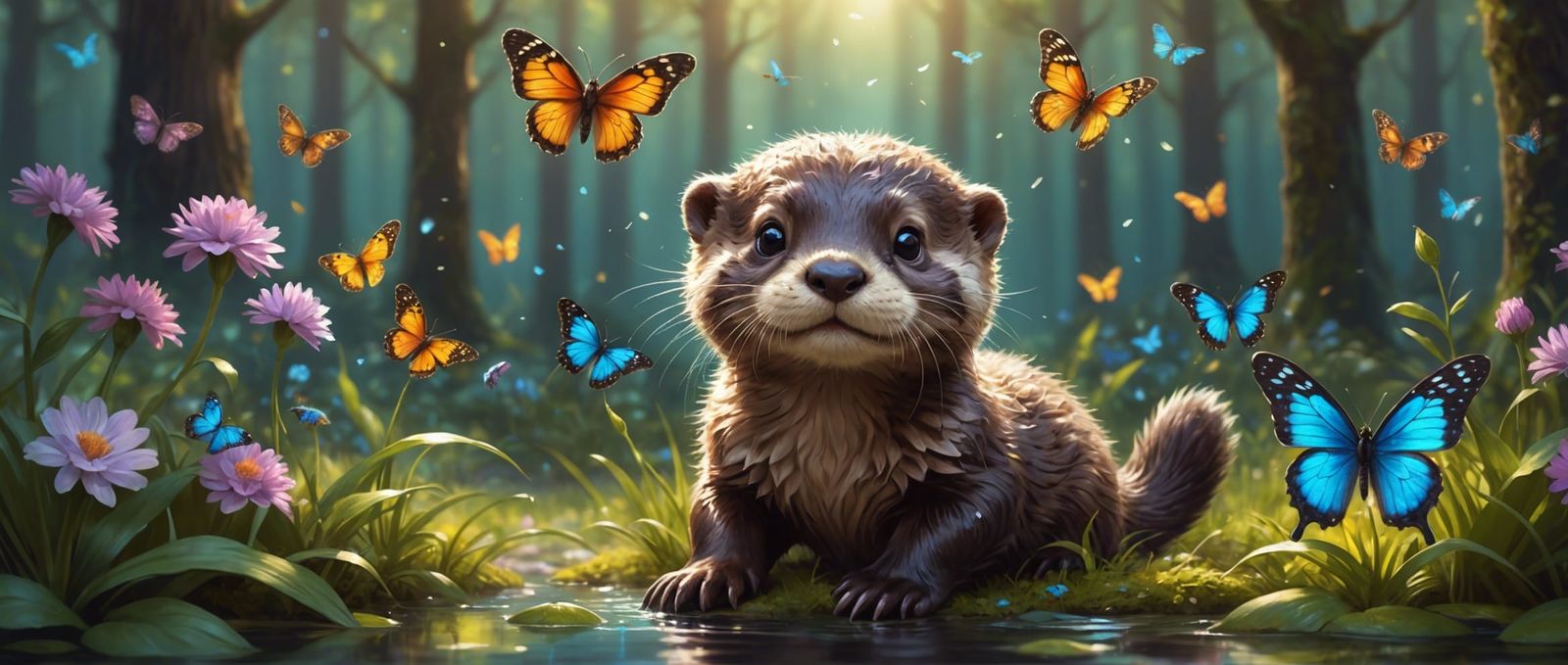 Cute Otter with Butterflies in Fantasy Forest