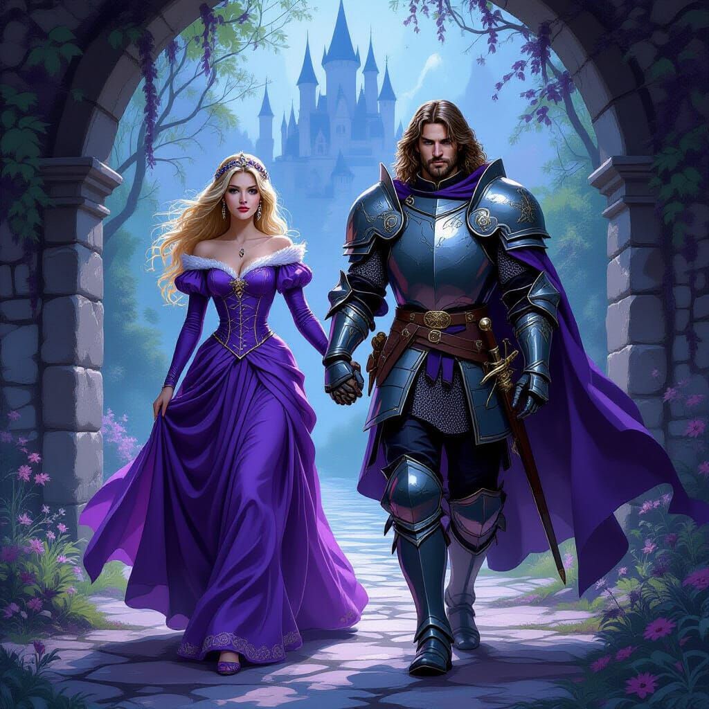 Knight and Princess in 70s Fantasy Art Style