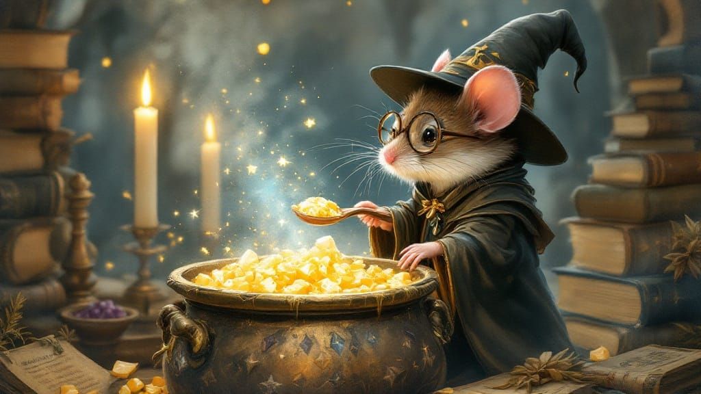 Tiny Wizard Mouse Concocts Magical Cheese Spell