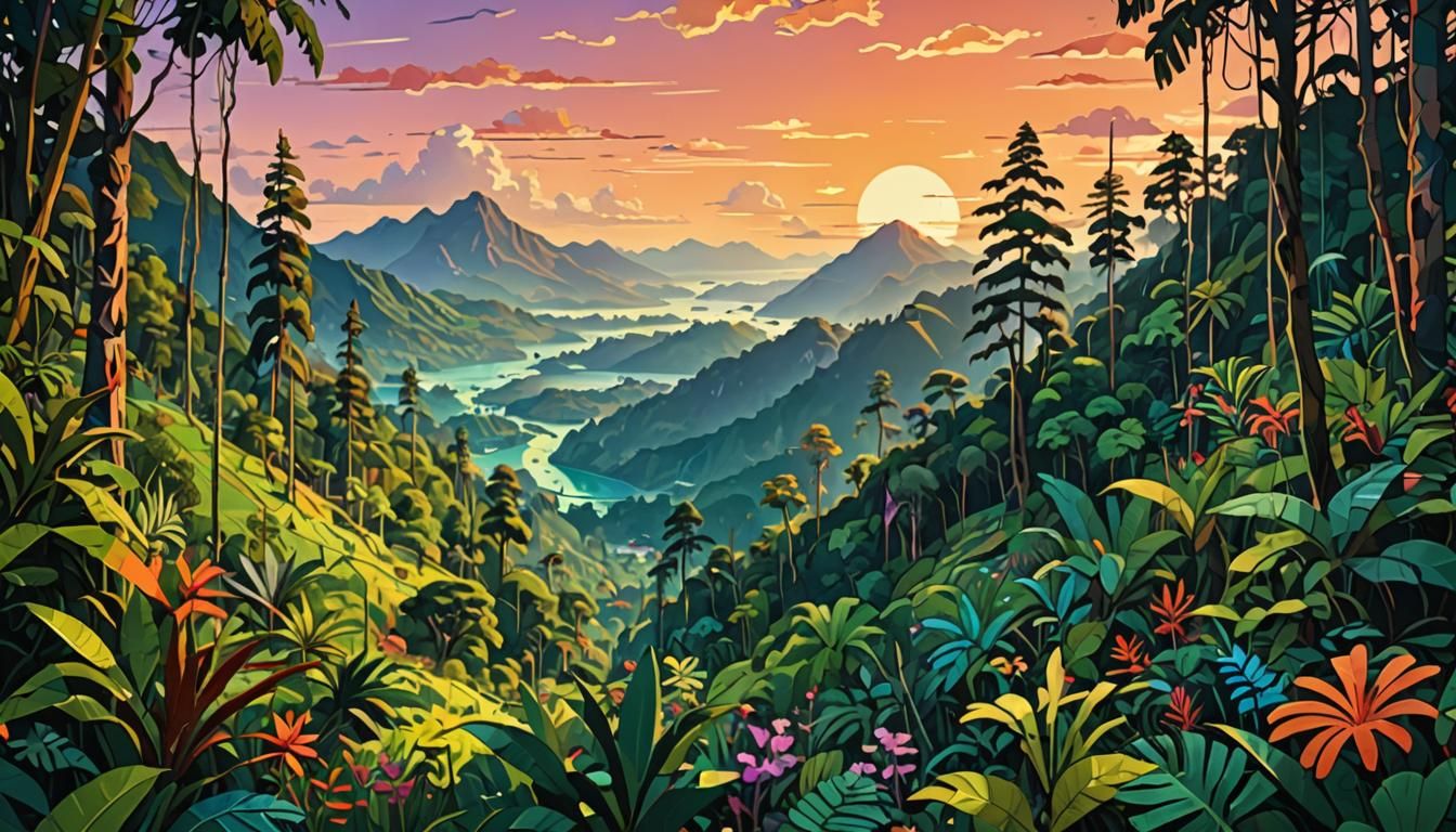 Lush Rainforest Sunset: Photorealistic Art Nouveau Landscape
