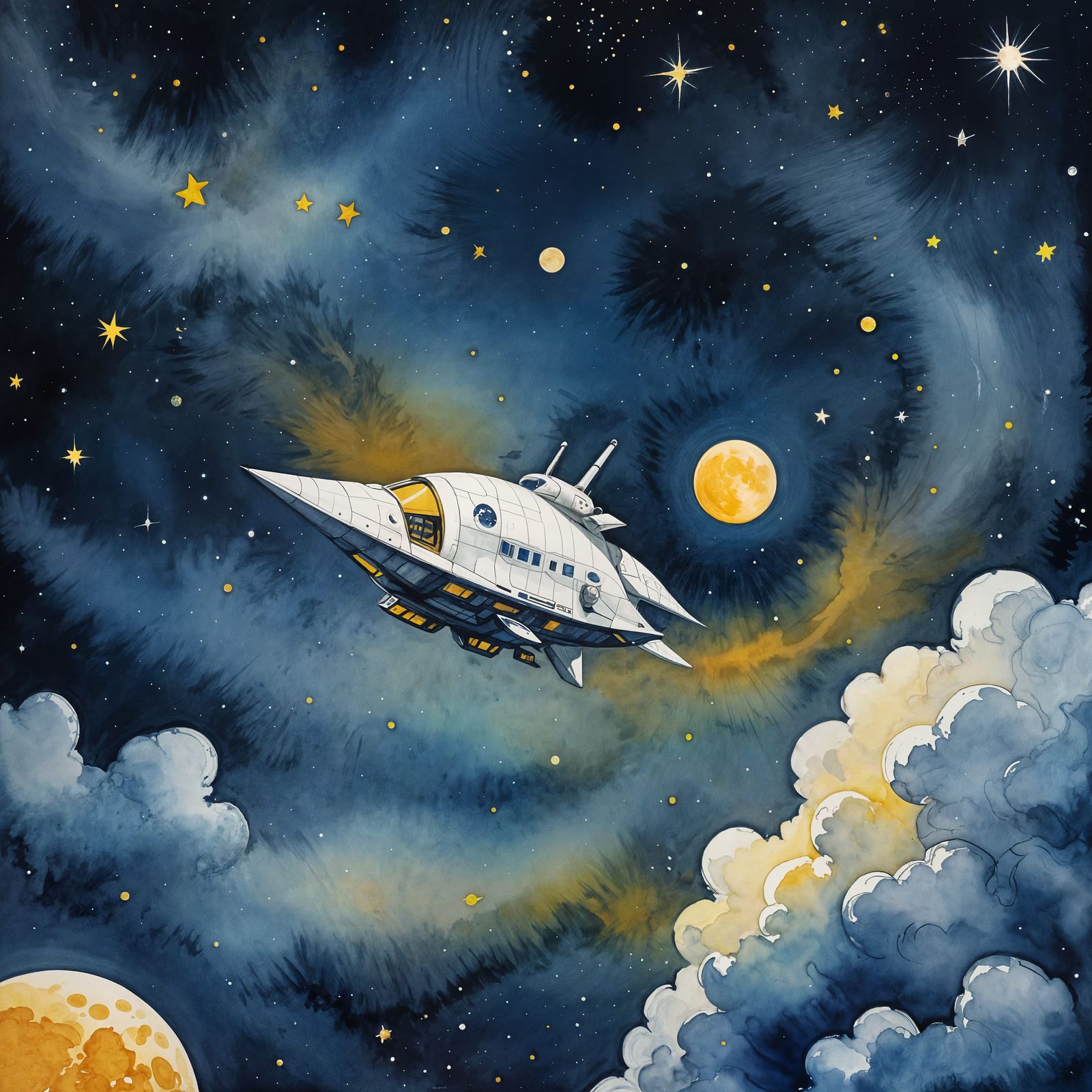Cartoon Spaceship Floats in Deep Blue Space: Gouache