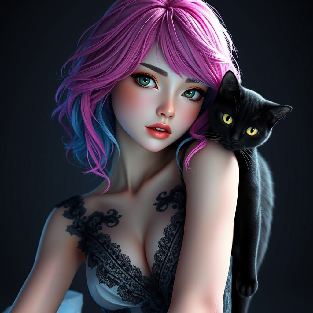 Ethereal Fantasy Goddess with Feline Companion in Cyberpunk...