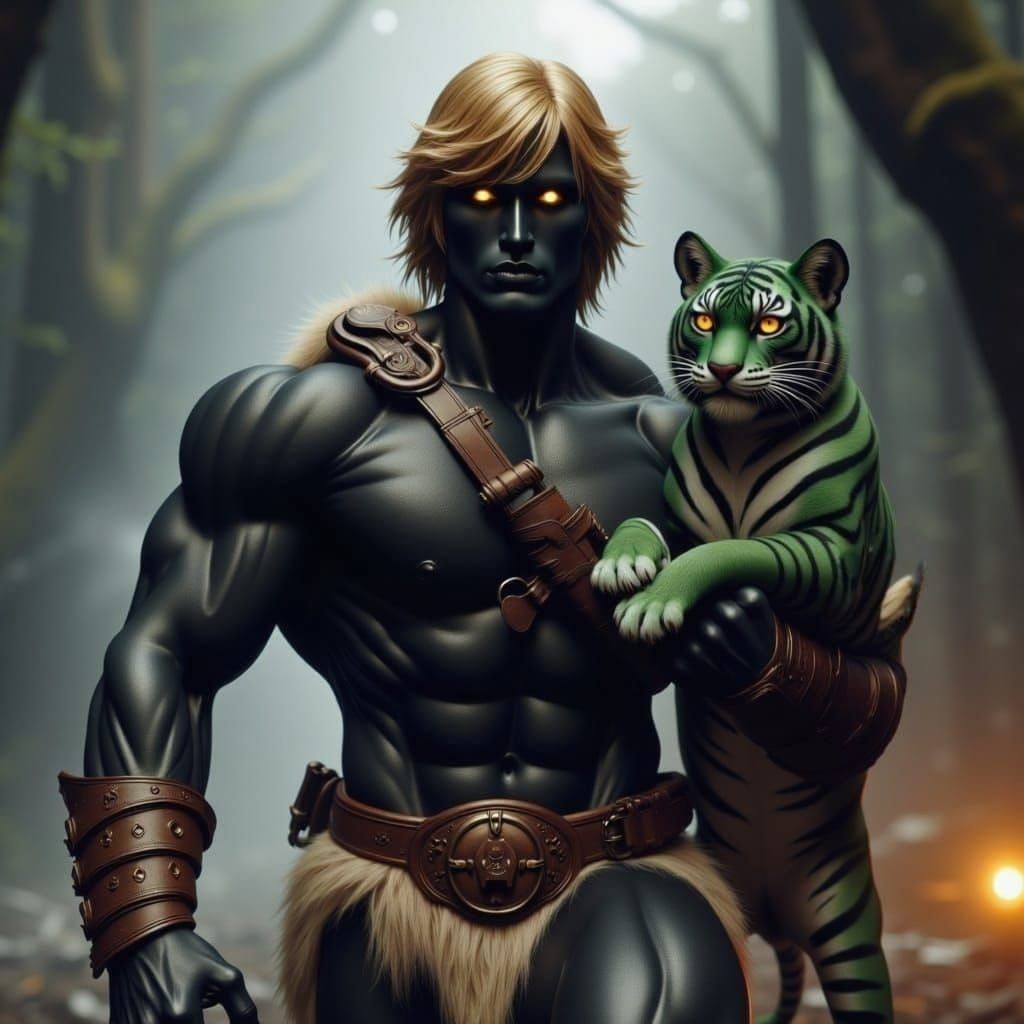 Glowing Shadow He-Man Stands with Majestic Tiger