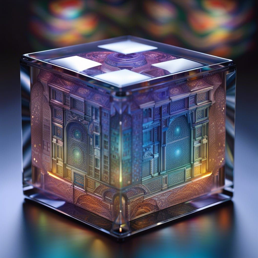 Escher-esque House in Iridescent Glass Cube