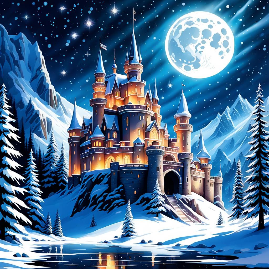North Pole Christmas Castle Under Shooting Stars