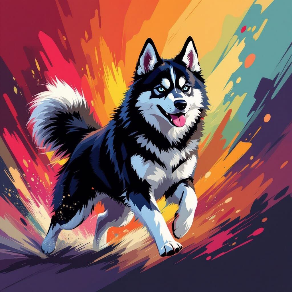 Dynamic Black Husky in Modern Graphic Art Style