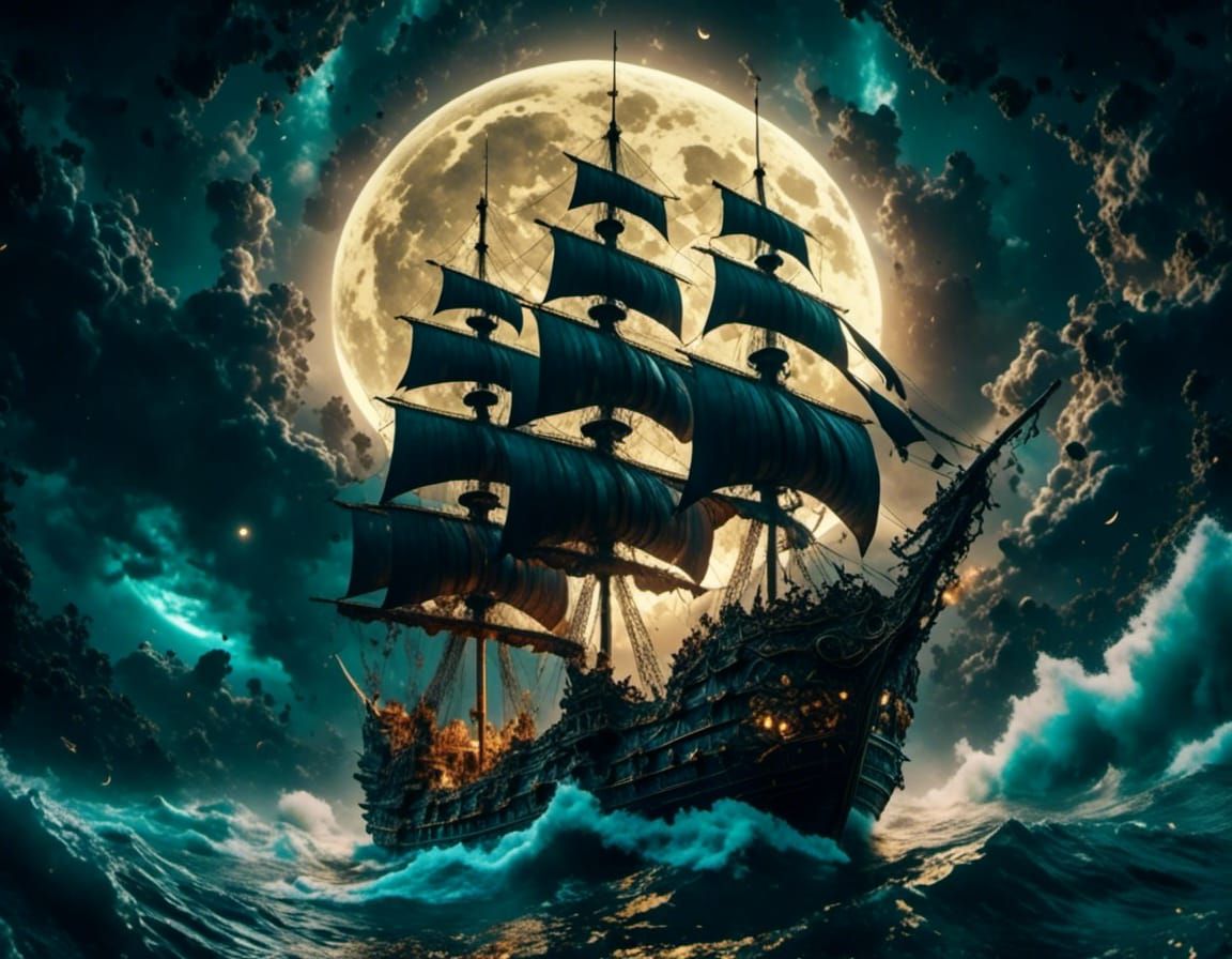 Ship Sails Through Storm Under Golden Moon