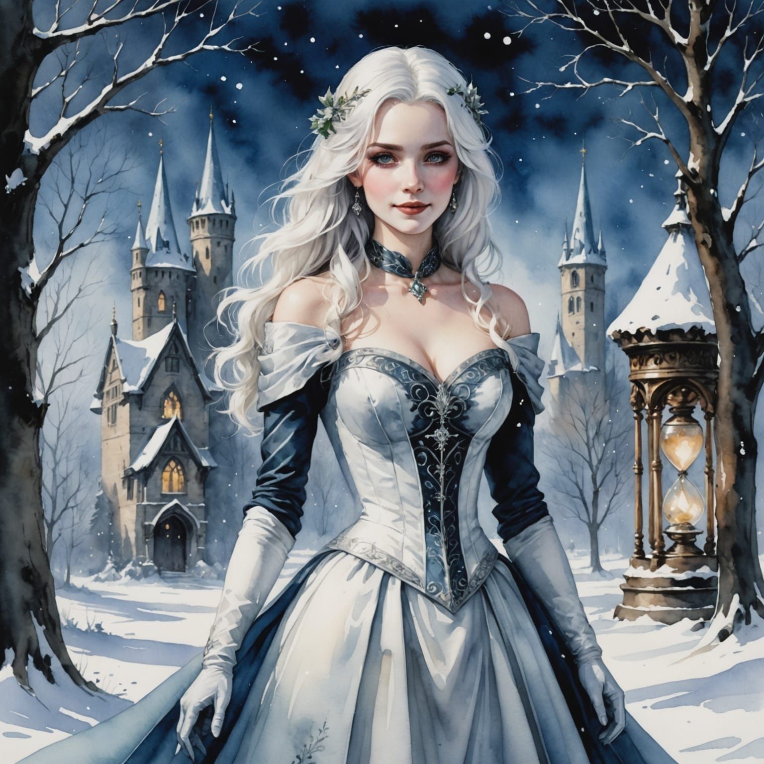 White-Haired Woman Smiling in Gothic Watercolor Winter Scene