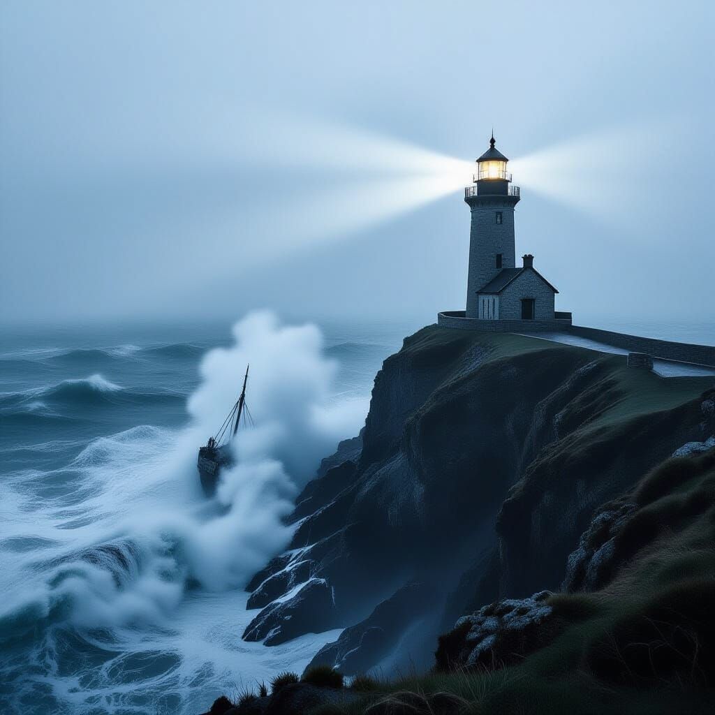 Mysterious Lighthouse in Foggy Stormy Seas