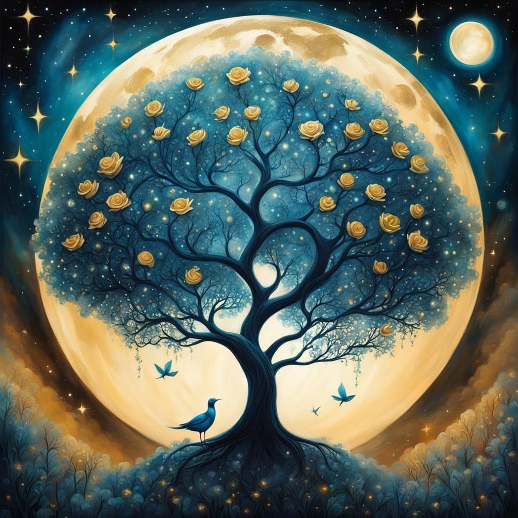 Girl with Golden Rose in Moonlit Garden