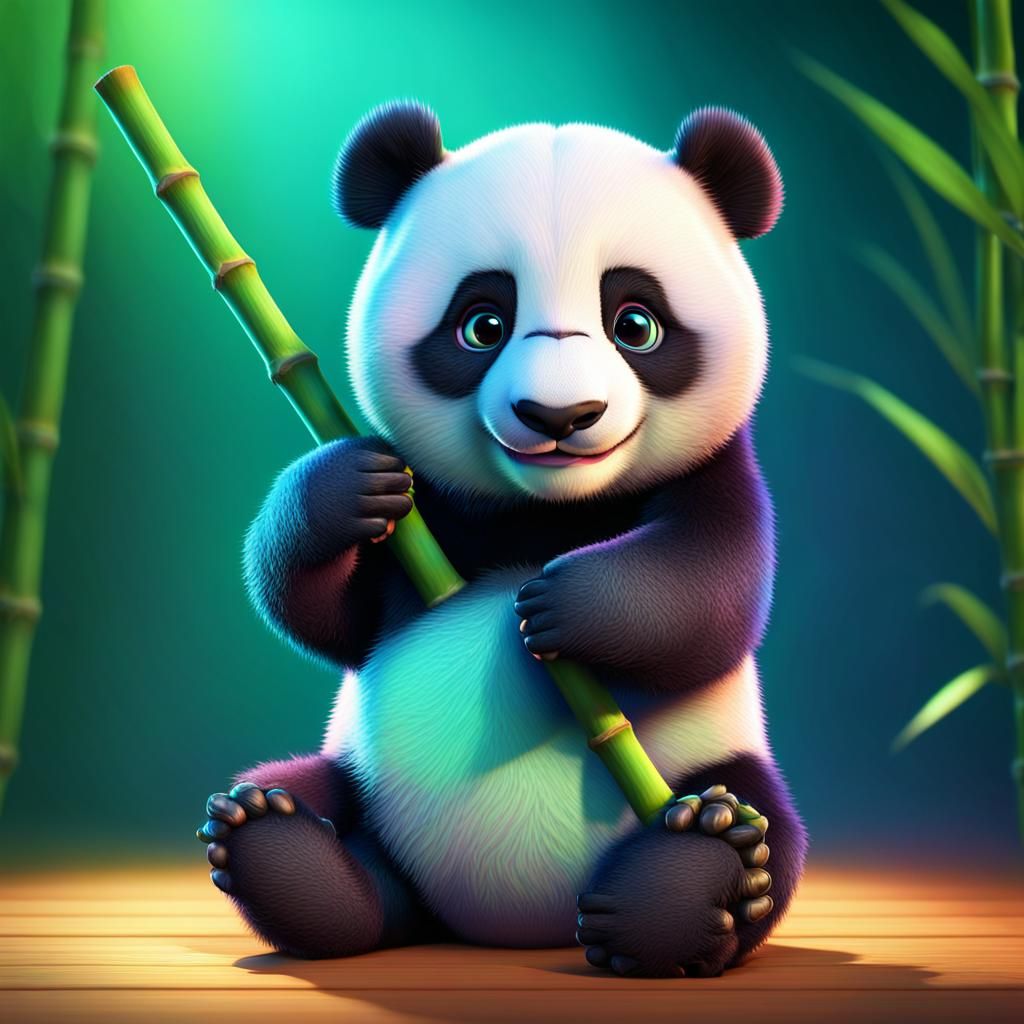 Cute Prismatic Panda Cub with Bamboo Stick