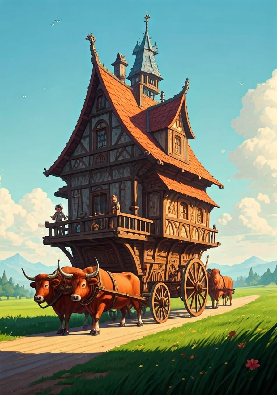 Whimsical Medieval Caravan Trip with Oxen