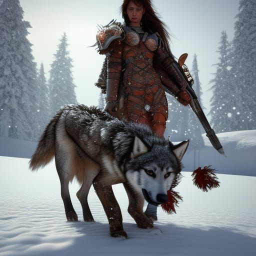 Snow Warrior Protected by Wolf, Digital Art